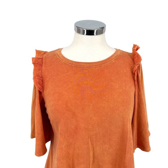 Eri + Ali Anthropologie Ruffle Shoulder Short Sleeve Shirt Orange Size Small - Picture 2 of 11